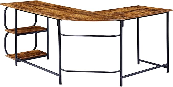 Anivia 68.9" Reversible L Shaped Desk with Storage Shelves - Corner Computer Desks Gaming Table Workstation for Home Office, Writing, Study, Caramel Brown