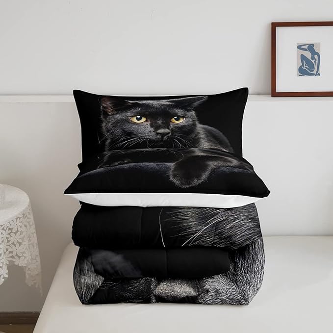 Cat Comforter Bedding Set King for Girls Kids,Black Cat Lying On The Black Sofa Pattern Printed Bedding Set,Black Comforter Set,Pet Animal Comforter Soft Breathable Quilt with 2 Pillowcases