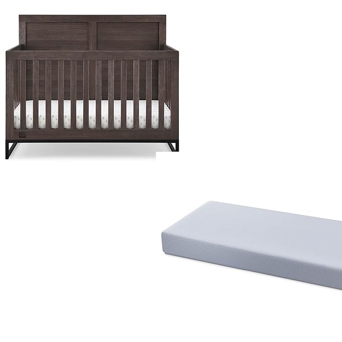 Simmons Kids Foundry 6-in-1 Convertible Baby Crib, Rustic Grey with Matte Black + Quiet Nights Breathable Crib Mattress with Removable/Machine Washable Cover (Bundle)