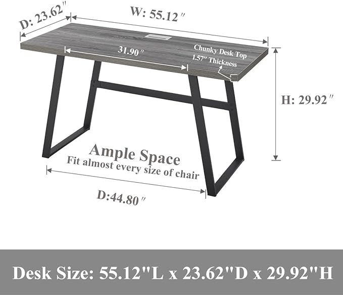 BON AUGURE 55 inch Modern Writing Desk, Rustic Computer Desk for Home Office, Sturdy Simple Wood and Metal Desk, Industrial Work Study Table (Dark Grey Oak)