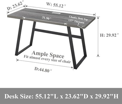 BON AUGURE 55 inch Modern Writing Desk, Rustic Computer Desk for Home Office, Sturdy Simple Wood and Metal Desk, Industrial Work Study Table (Dark Grey Oak)