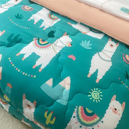 Wajade Kids Llama Comforter Set Bed in A Bag Queen Size 7 Piece Cute Alpaca Tropical Plant Cactus Bedding Set for Girls Boys (1 Comforter, 1 Flat Sheet, 1 Fitted Sheet, 2 Pillowcase and 2 Pillow Sham)