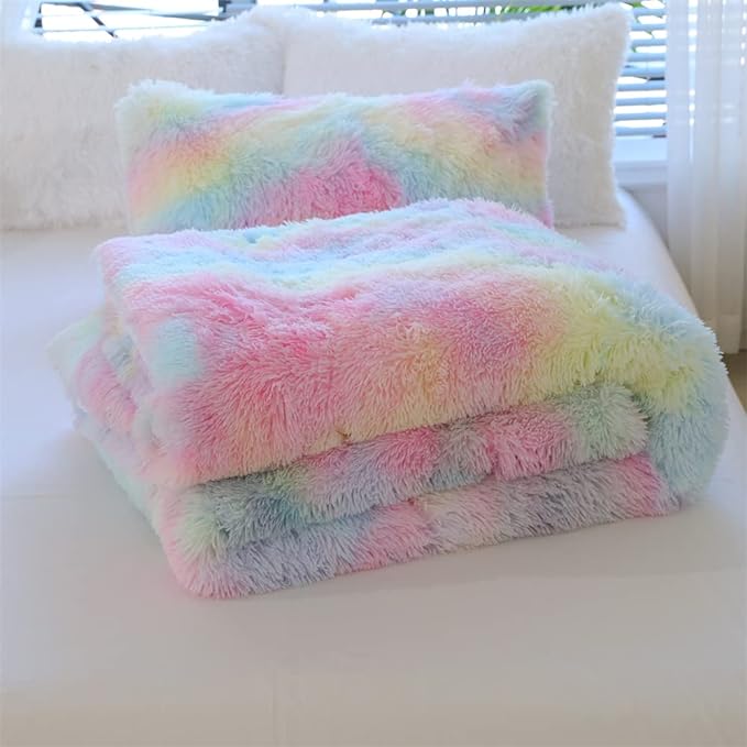 Faux Fur Kids Girls Rainbow Comforter Sets Queen - 3PC Bed Set Warm Comfortable Soft Plush Flannel Velvet Fluffy Fuzzy Bedding（Comforter x 1 Pillowcases x 2）