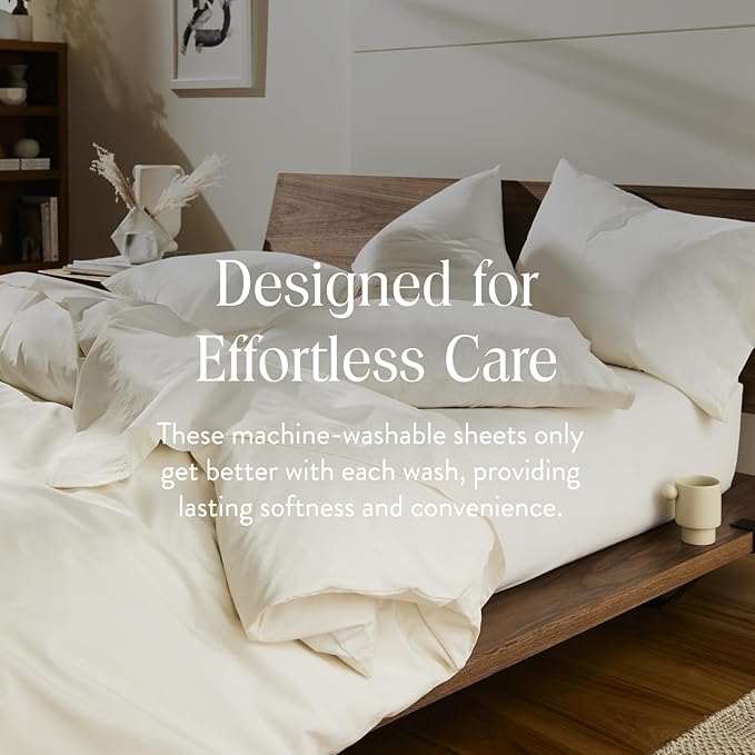 Brooklinen Luxury Sateen 4 Piece Queen Size Sheets Set in Cream - 100% Cotton Sateen Sheets - 1 Fitted Sheet, 1 Flat Sheet, 2 Pillowcases - Best Luxury Sheets