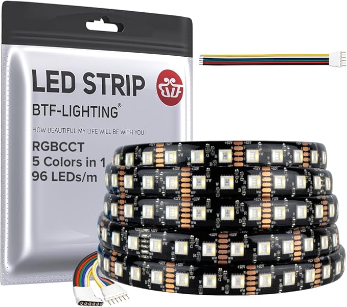 BTF-LIGHTING RGBCCT 5 Colors in 1 LED Tape Lights 5050SMD RGBWW RGB+Dimmable Color Temperature 2700K-6500K 16.4ft 96LED/m 480LED IP65 DC12V Black PCB for Home Decoration(No Adapter or Controller)