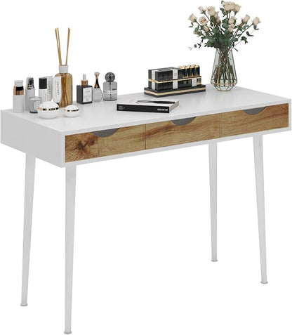 SogesHome 43.3 Computer Desk, Home Office Work Table with 3-Drawers, Gaming Working Writing Table, White&Teak