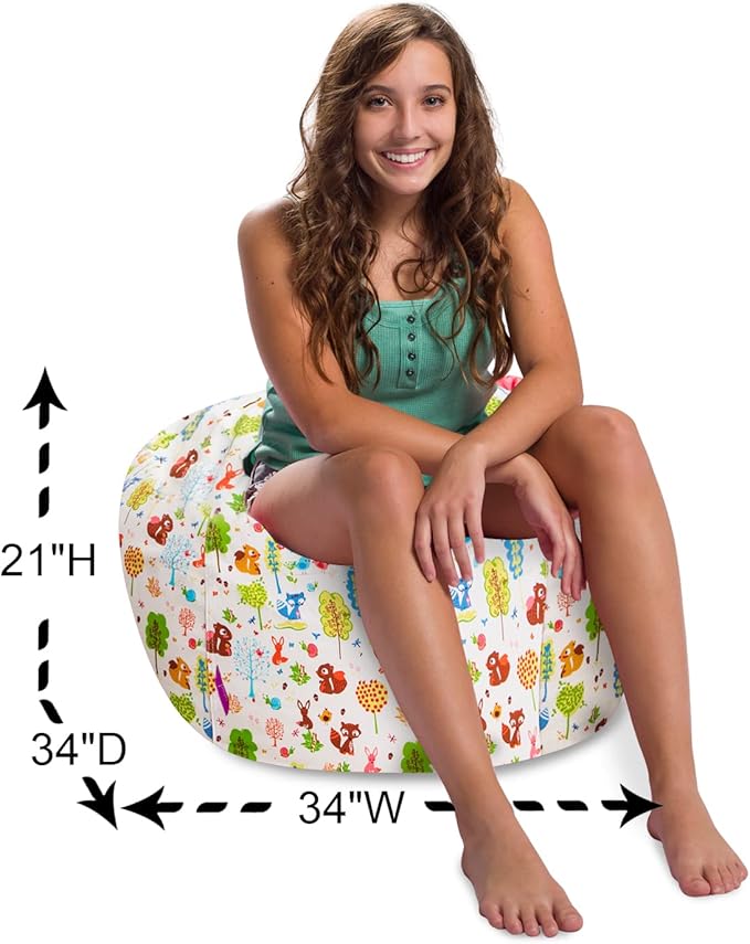 Posh Creations Structured Comfy Bean Bag Chair for Gaming, Reading, and Watching TV, 100in Round Classic Bean Bag, Canvas - Forest Critters on White