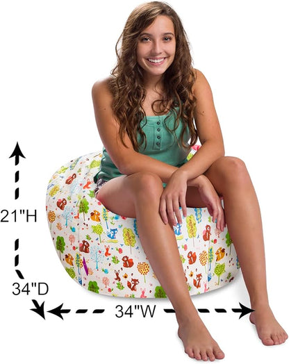 Posh Creations Structured Comfy Bean Bag Chair for Gaming, Reading, and Watching TV, 100in Round Classic Bean Bag, Canvas - Forest Critters on White