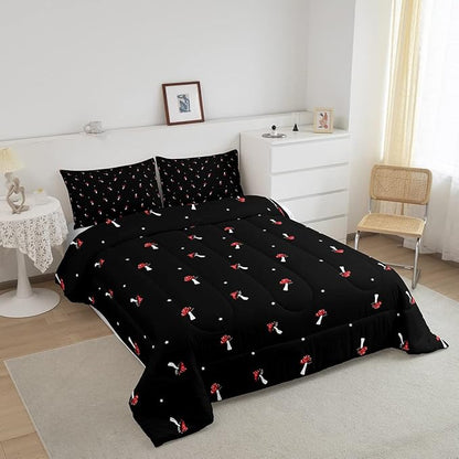 Cute Mushroom Comforter Set Twin Kid Cartoon Kawaii Reversible Bedding Set Red Mushroom Duvet Set Mushroom Shaped Comforter Lovely Natural Wild Plants Fungus Comforter Set for Room Decor, Black