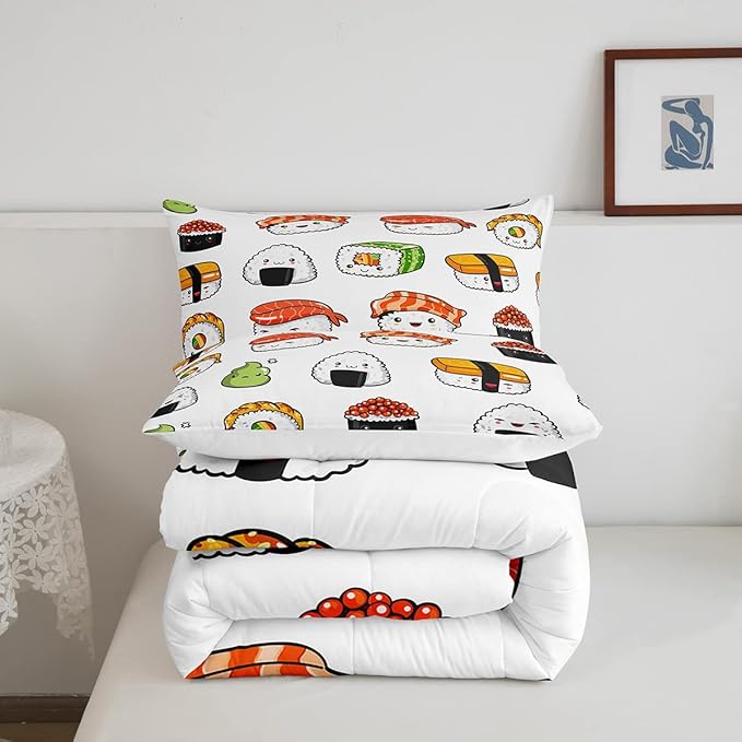 Sushi Pattern Comforter Set Japanese-Style Bedding Set for Kids Boys Girls Teens Food Theme Comforter Cute Cartoon Japanese Sushi Duvet Set Room Decor Quilt Set Full Size Microfiber