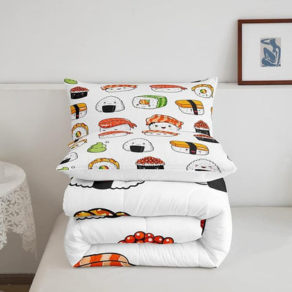 Sushi Pattern Comforter Set Japanese-Style Bedding Set for Kids Boys Girls Teens Food Theme Comforter Cute Cartoon Japanese Sushi Duvet Set Room Decor Quilt Set Twin Size Microfiber