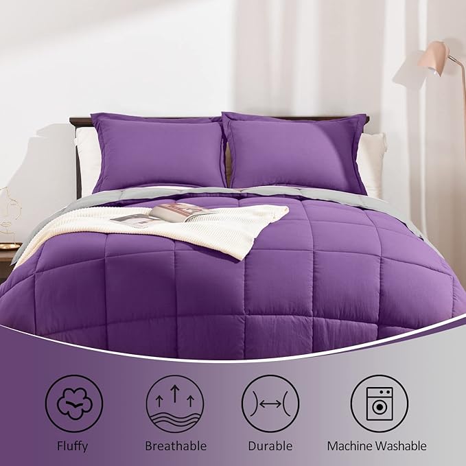 Basic Beyond Twin Comforter Set for Girls and Boys - Fluffy Twin Bed Comforter Set for All Seasons - Reversible Kids Twin Comforter Set - 2 Pieces (1 Comforter + 1 Pillow Sham) - Purple/Grey