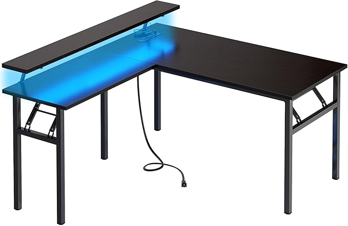DlandHome Reversible L-Shaped Desk with Monitor Stand,LED Lighting Computer Desk with Power Outlets,Home Office Table Computer Workstation, Black
