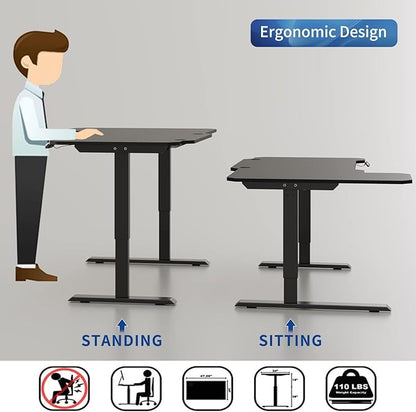 Adjustable Height L-Shaped Electric 59 Inch Sit-Stand Computer Desk with 3 Splice Boards, Lockable Casters-Ideal for Home Office, 59Inch, Black