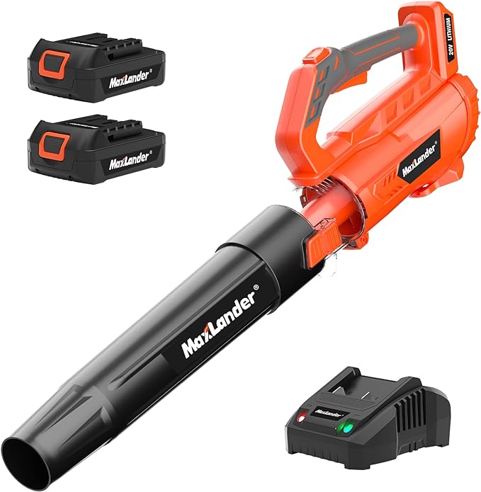 MAXLANDER Leaf Blower Cordless - 20V Electric Cordless Leaf Blower with 2 Batteries and Charger, 2.0Ah Battery Powered Leaf Blowers with 2 Speed Mode for Lawn Care, Blowing Leaves