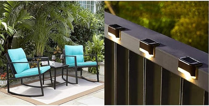 Greesum 3 Piece Rattan Patio Furniture Set with Rocking Chairs, Glass Table and SOLPEX 16 Pack Solar Deck Lights for Outdoor Stairs, Fence and Pathway