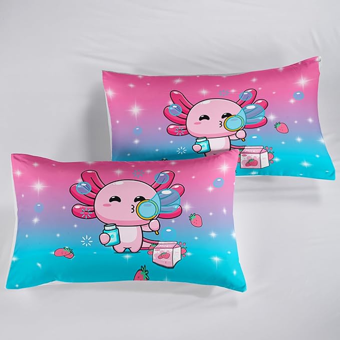 Kawaii Axolotl Comforter,Pink Salamander Comforter Set for Kids Teens Girls,3Pcs Bedding Set Printed Comforter with 2 Pillowcases,Down Alternative,Soft and Lightweight(Pink，King Size)