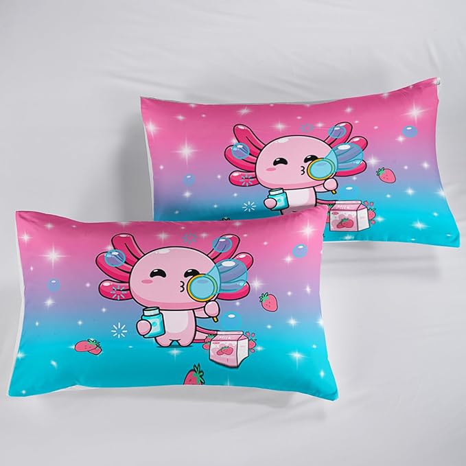 Kawaii Axolotl Comforter,Pink Salamander Comforter Set for Kids Teens Girls,3Pcs Bedding Set Printed Comforter with 2 Pillowcases,Down Alternative,Soft and Lightweight(Pink，Full Size)