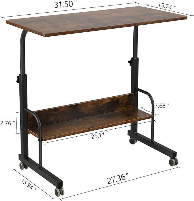 SIDUCAL Portable Laptop Desk, Mobile Laptop Cart Adjustable Height, Rolling Laptop Stand for Desk, Rolling Computer Cart with Wheels, Couch Desk Bed Desk for Laptop and Writing, 31.5'' Rustic Brown