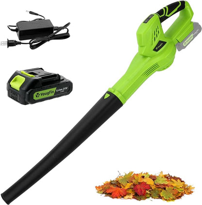 YOUGFIN Cordless Leaf Blower, 21V Powerful Motor, Electric Leaf Blower for Lawn Care, Battery Powered Leaf Blower Lightweight for Snow Blowing (Battery & Charger Included)
