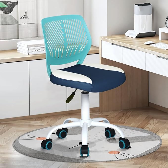 Desk Chair Small Study Chairs Armless for Children Kids Teens, Swivel Rolling Lightweight Task Chair with Wheels and Pu Leather Padded Cushion, Green/Navy