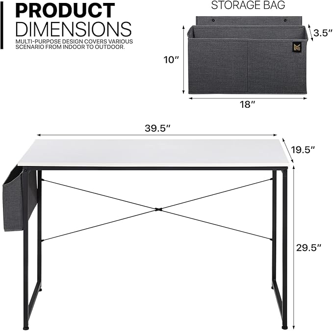 MoNiBloom Computer Desk 40 Inches with A Storage Bag, Student Laptop Writing Desks for Samll Space Home Office, White