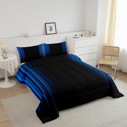 Geometric Abstract Ombre Comforter Set Kids Teens Blue and Black Striped Bedding Bed Set Decor Modern Fashion Comforter Inner Fill Bedroom Collection 3Pcs Full Size