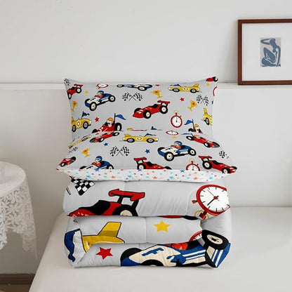 Feelyou Kids Cartoon Car Comforter Set King Size Racing Car Bedding Set for Boys Girls Teen Kids Children Home Decor Racing Car Comforter Race Cars Quilt Bed Set Red Grey Bedding Set for All Season