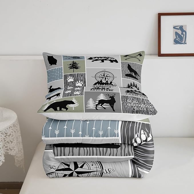 Rustic Farmhouse Cabin Kids Comforter Set Full Size,Deer Bear Hunting Adventure Bedding Set for Boys Girls Adults Room Decor,Geometric Plaids Down Comforter,Gray Green Duvet Insert,2 Pillowcases
