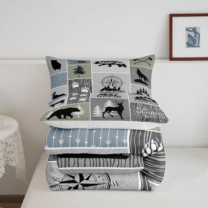 Rustic Farmhouse Cabin Kids Comforter Set Full Size,Deer Bear Hunting Adventure Bedding Set for Boys Girls Adults Room Decor,Geometric Plaids Down Comforter,Gray Green Duvet Insert,2 Pillowcases