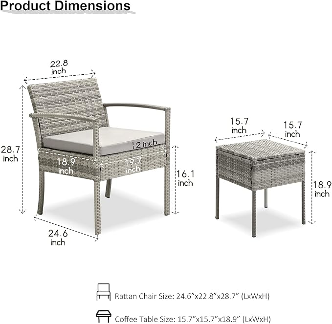 3 Pieces Patio Furniture Set, Balcony Furniture, Patio Bistro Set All-Weather Wicker Chairs Conversation Set with Cushions Table for Outdoor Backyard Porch Lawn (Grey-Grey)