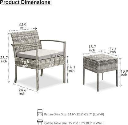 3 Pieces Patio Furniture Set, Balcony Furniture, Patio Bistro Set All-Weather Wicker Chairs Conversation Set with Cushions Table for Outdoor Backyard Porch Lawn (Grey-Grey)