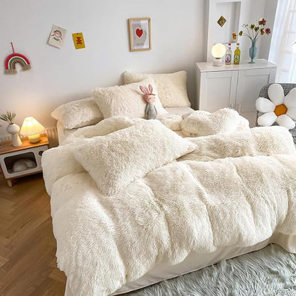 Faux Fur Kids Girls Milky White Comforter Sets Twin/Full - 3PC Bed Set Warm Comfortable Soft Plush Flannel Velvet Fluffy Fuzzy Bedding（Comforter x 1 Pillowcases x 2）