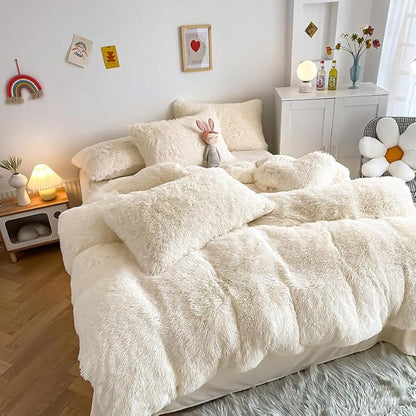 Faux Fur Kids Girls Milky White Comforter Sets King - 3PC Bed Set Warm Comfortable Soft Plush Flannel Velvet Fluffy Fuzzy Bedding（Comforter x 1 Pillowcases x 2）