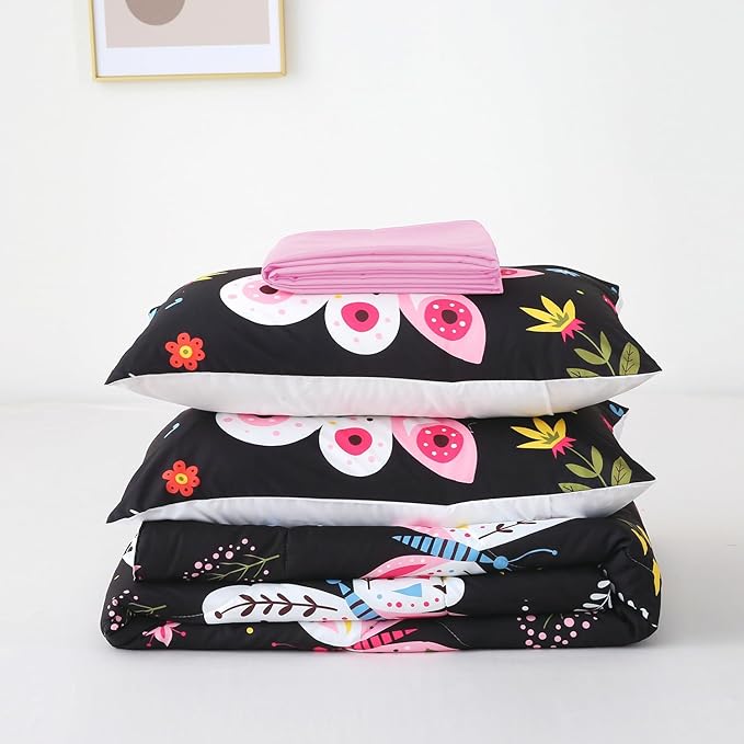 Kids Butterfly Comforter Set Full Size for Girls Black 7 Piece Bed in A Bag Colorful Flowers Leaves Bedding Set for Teens Super Soft All Season