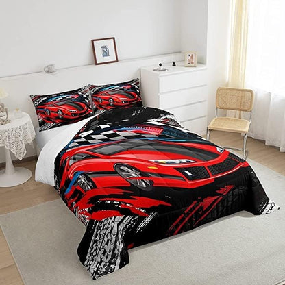 Car Bedding Set for Boys King Size Racing Sports Car Comforter Kids Extreme Sports Comforter Set Girls Teens Cool Speed Automobile Decor Bed Duvet Set Soft Lightweight Boys