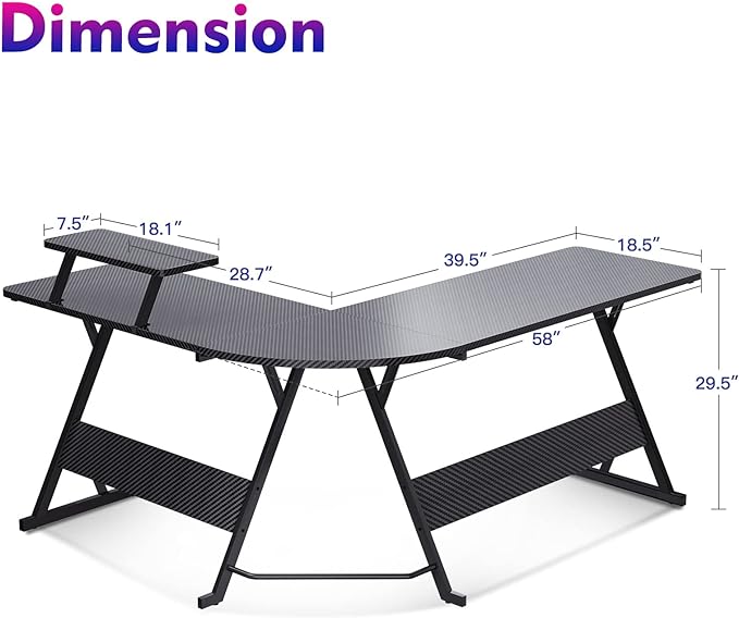 MOTPK L Shaped Gaming Desk 58 Inch, Gaming Computer Desk L Shape with Carbon Fiber Surface, Gamer Desk Gaming Table with Monitor Shelf, Cup Holder & Headphone Hook, Black