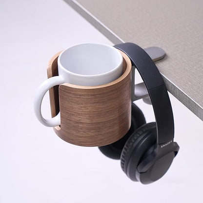 urbanplus Desk Cup Holder, Anti-Spill Walnut Wood Cup Holder for Desk with Aluminium Clamp, Office Desk Accessories, Gaming Desk Accessories, Computer Desk Accessories