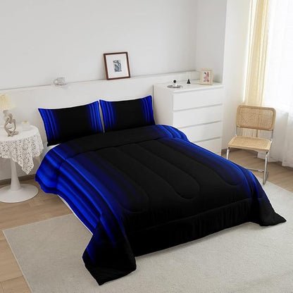 Geometric Abstract Ombre Comforter Set Kids Teens Dark Blue and Black Striped Bedding Bed Set Decor Modern Fashion Comforter Inner Fill Bedroom Collection 3Pcs Full Size
