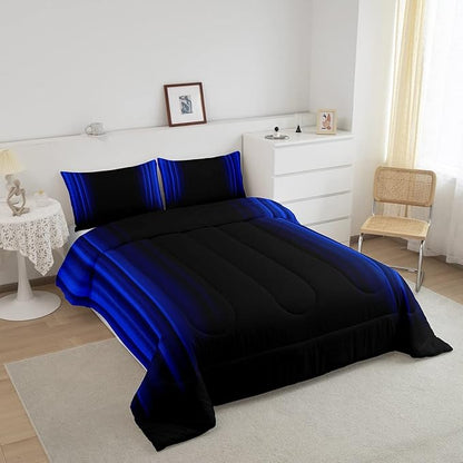 Geometric Abstract Ombre Comforter Set Kids Teens Dark Blue and Black Striped Bedding Bed Set Decor Modern Fashion Comforter Inner Fill Bedroom Collection 3Pcs Queen Size
