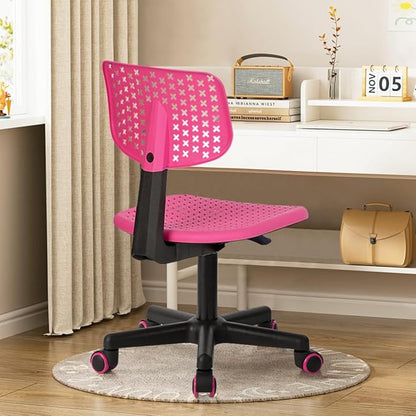 Desk Chair Armless Cute Office Chair, Low Back Rolling Home Office Task Chair Adjustable Swivel Study Chair for Girls Teens Adults Children Kids, Pink