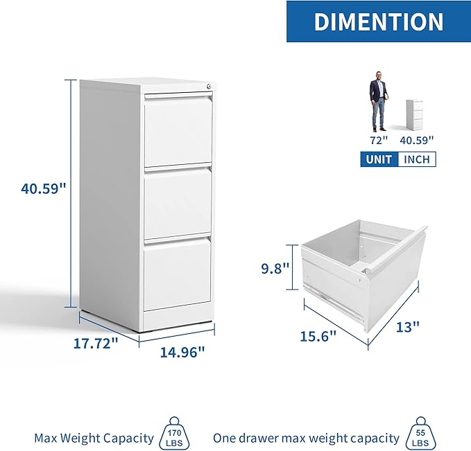 Vertical File Cabinet with Drawer, 3 Drawer File Cabinet with Lock, Filing Cabinets for Home Office, Hanging Files for A4/ Legal/Letter, White
