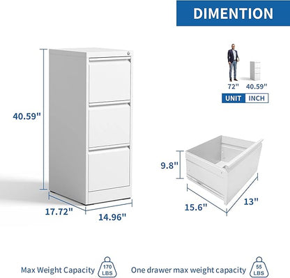 Vertical File Cabinet with Drawer, 3 Drawer File Cabinet with Lock, Filing Cabinets for Home Office, Hanging Files for A4/ Legal/Letter, White