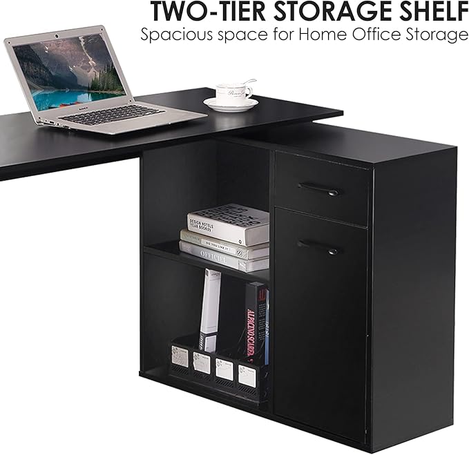 L-Shaped Rotating Computer Desk with Storage Shelves 68 inch Home Office Desk Corner with Drawers and File Cabinet Multipurpose Study Writing Table for Bedroom Small Space Black