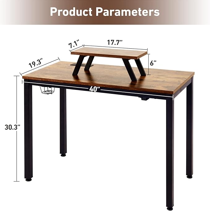 Computer Desk with Power Strip and Monitor Stand, 40" Desk for Home Office Small Space, Small Writing Desk Study Table Workstation with Cup Holder Headphone Hook, Easy Assembly