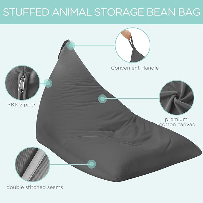 Aubliss Stuffed Animal Storage Bean Bag Chairs Cover, 50"x 35" Extra Large Velvet Bean Bags Chair for Kids & Adults, Ultra Soft Zipper Beanbag Toy Storage for Boys Girls - Darkgrey
