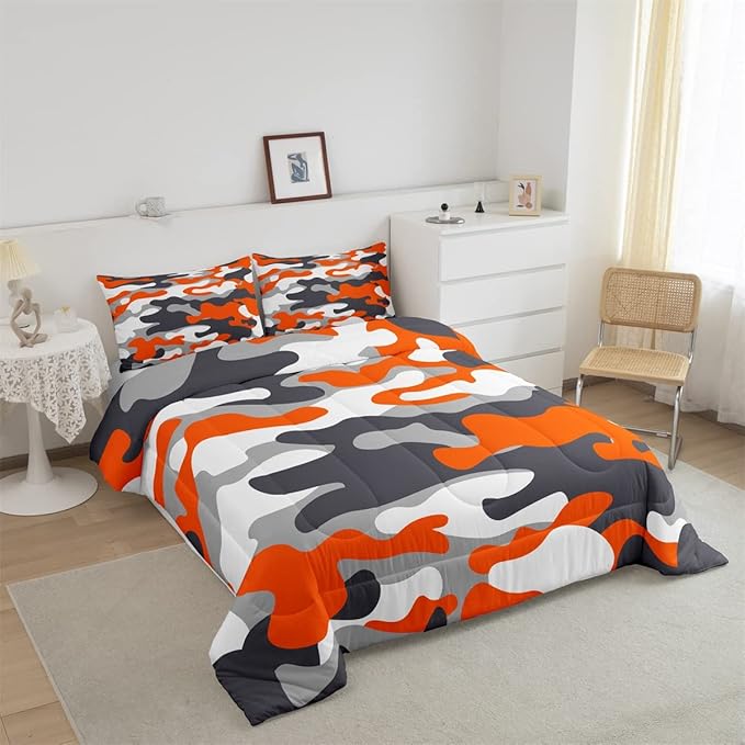 Feelyou Twin Size Camouflage Comforter Set 3Pcs Kids Bedding Set for Boys Girls Teens 1 Comforter & 2 Pillowcases(Twin,Orange)