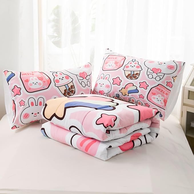 CVHOUSE Kawaii Bunny Comforter Sets King for Girls Women,Kawaii Bedding Sets King Set,Kawaii Bedspread,Kawaii Duvet,Kawaii Bed Set,Kawaii Quilt Set 3 Pcs 1 Comforter and 2 Pillowcases
