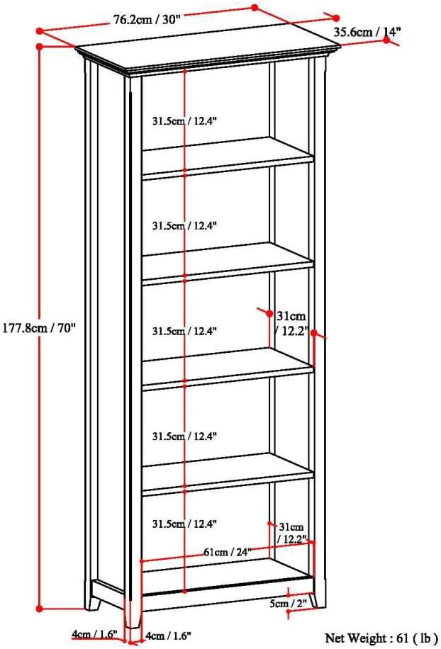 SIMPLIHOME Amherst SOLID WOOD 30 Inch Transitional 5 Shelf Bookcase in Hickory Brown, For the Living Room, Study Room and Office