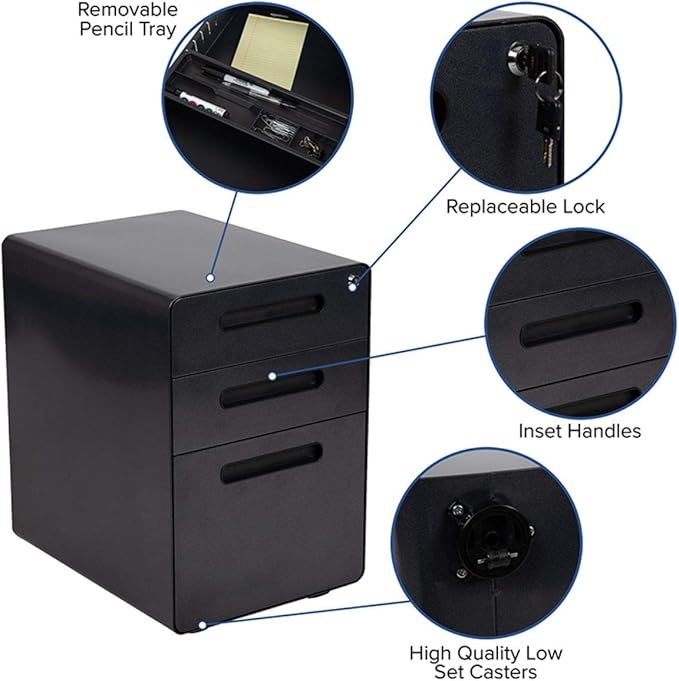 Flash Furniture Wren Ergonomic 3-Drawer Mobile Locking Filing Cabinet with Anti-Tilt Mechanism and Hanging Drawer for Legal & Letter Files, Black
